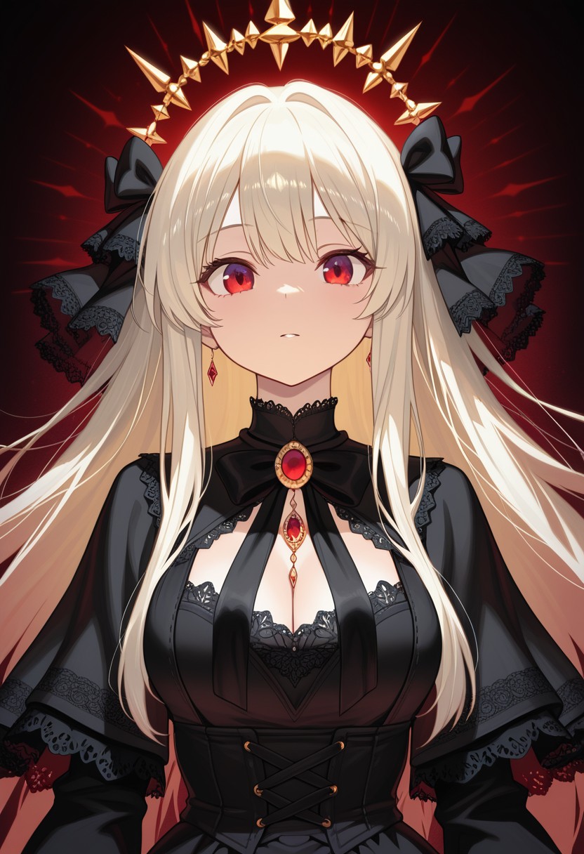 Elegant Blonde Anime Girl with Red Eyes and Gothic Attire