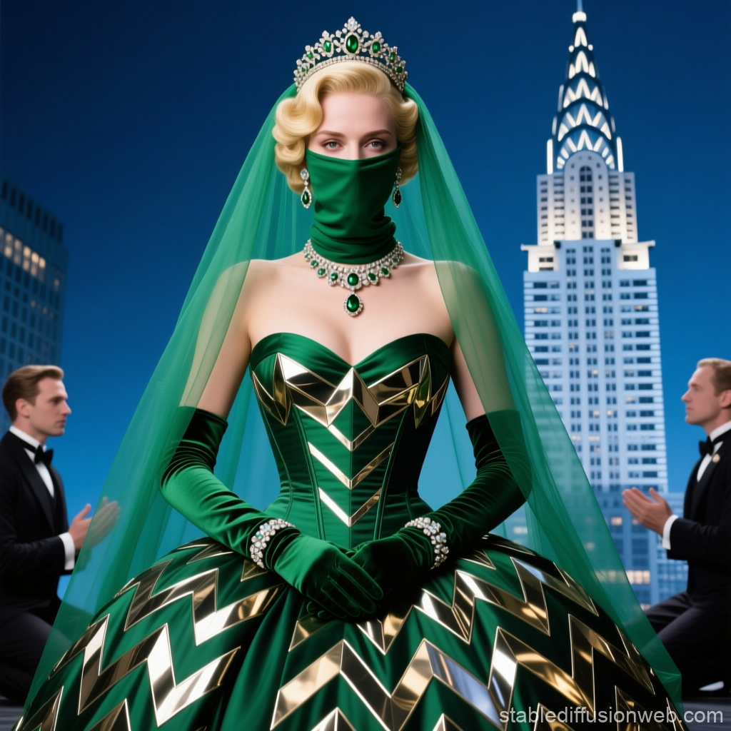 Elegant Blonde Baroness in Green and Gold Evening Gown
