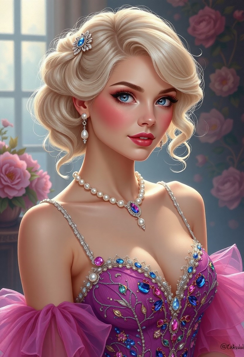 Elegant Blonde Woman in Ornate Purple Dress with Jewels