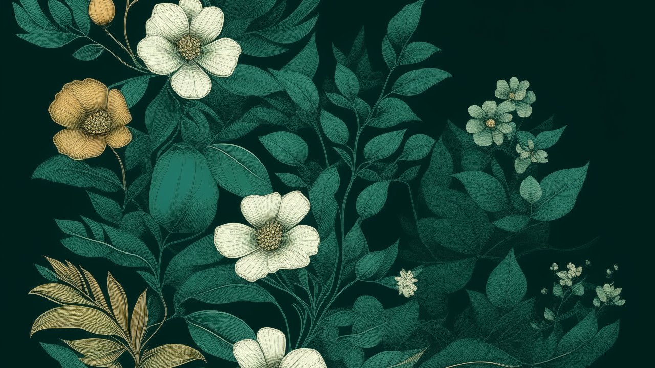 Elegant Botanical Illustration with Soft Flowers and Leaves