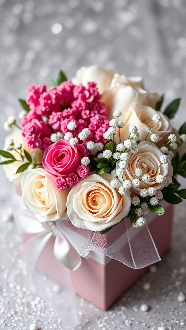 Elegant Bouquet of Cream and Pink Roses with Baby's Breath