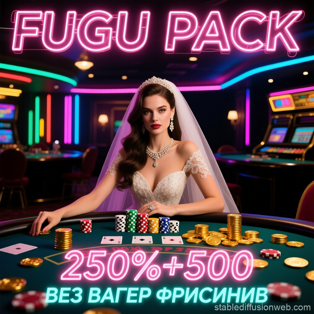 Elegant Bride at Neon-Lit Casino Table with Poker Chips