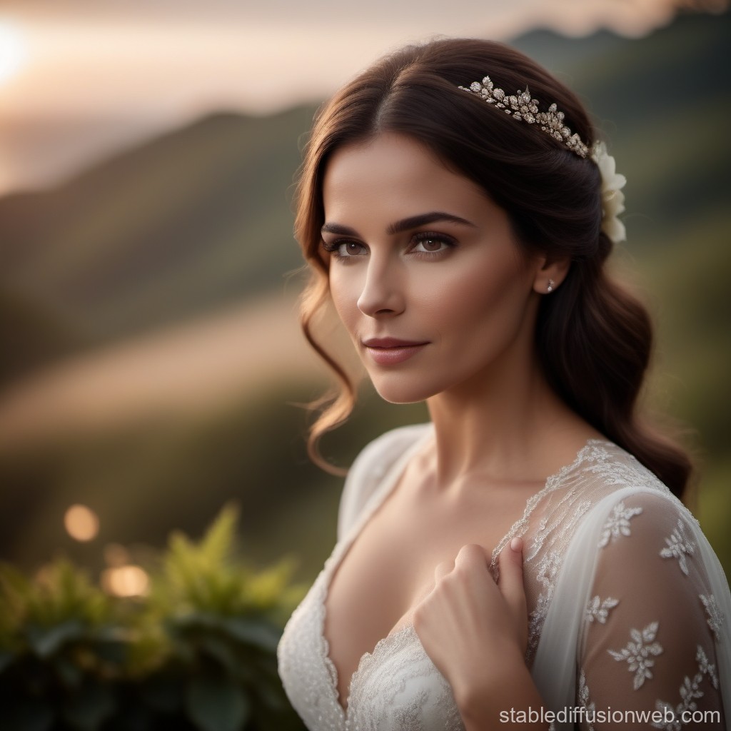Elegant Bride in Lace Dress at Sunset