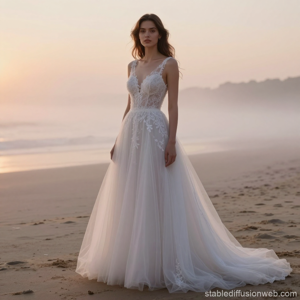 Elegant Bride in Lace Wedding Dress on Misty Beach at Sunset