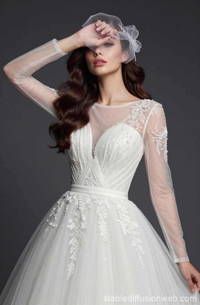 Elegant Bride in Sheer Long-Sleeve Embroidered Wedding Dress