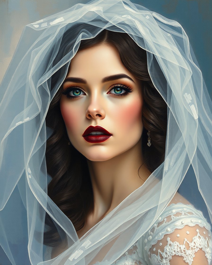 Elegant Bride with Luminous Veil and Striking Makeup