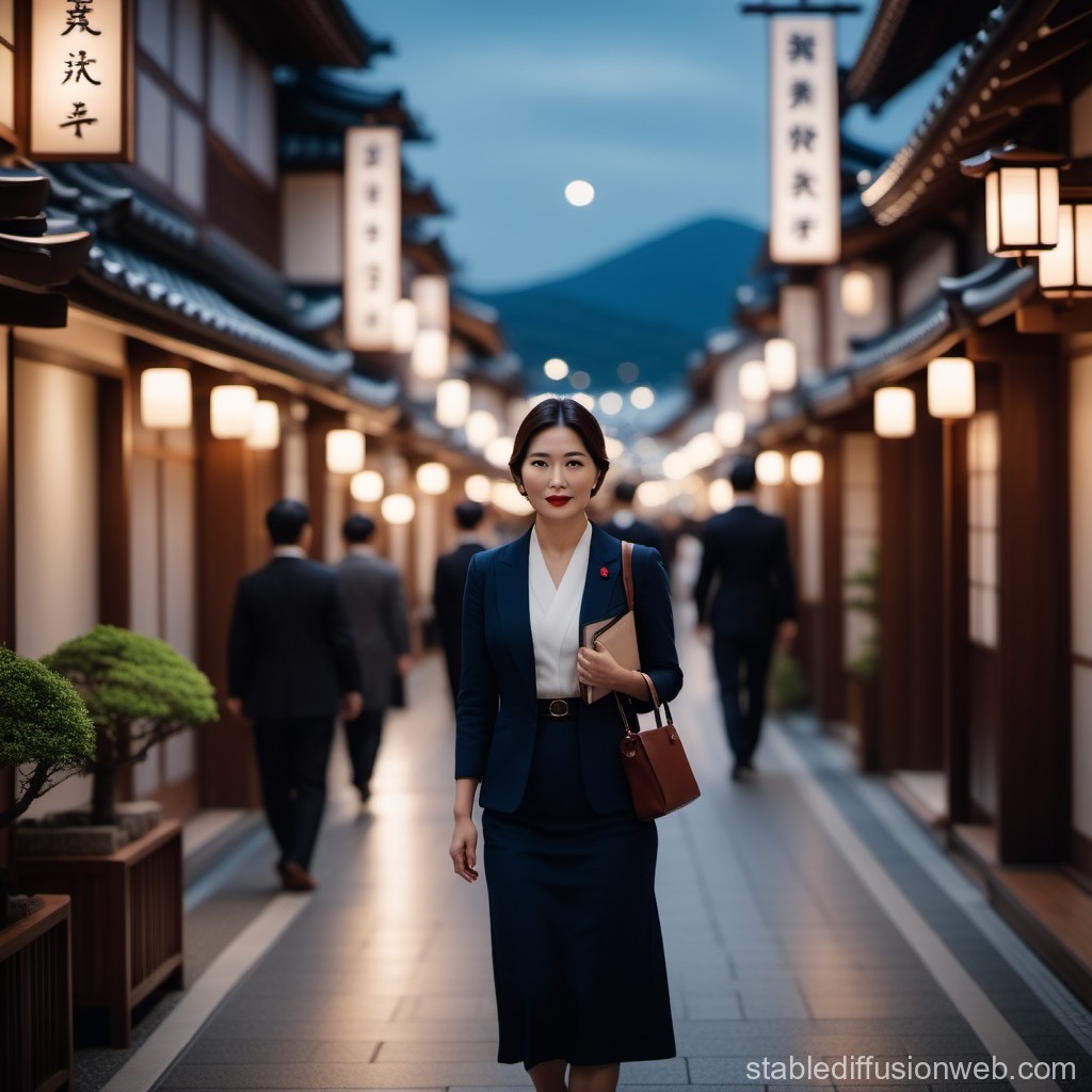 Elegant Businesswoman Walking in Traditional Japanese Street at Dusk