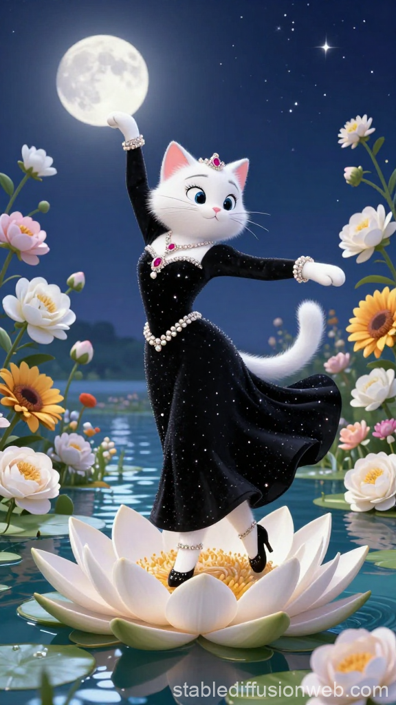 Elegant Cat Queen Dancing on a Lotus Flower Under the Moonlight