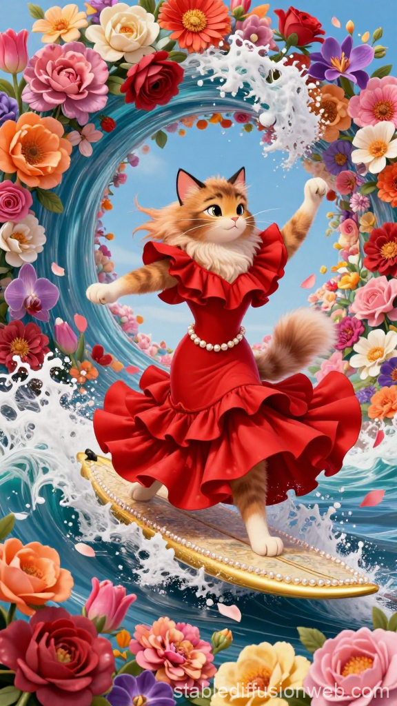 Elegant Cat Surfing in a Floral Wave
