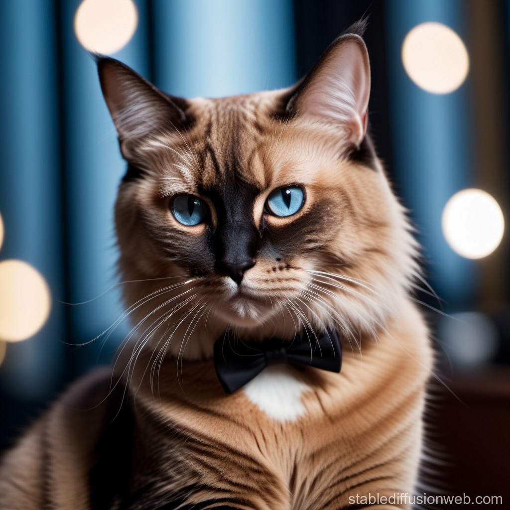 Elegant Cat with Blue Eyes and Black Bow Tie