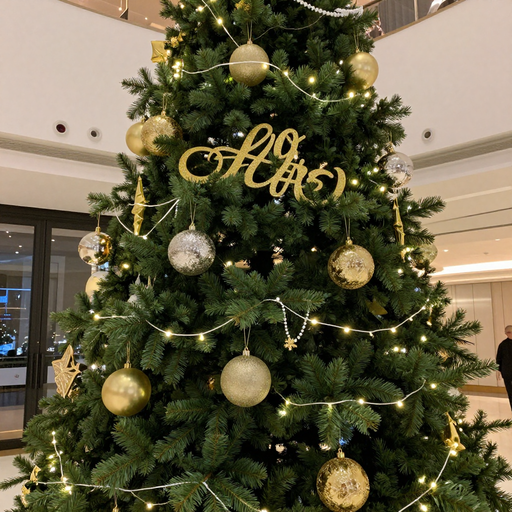 Elegant Christmas Tree with Gold Decorations and Lights