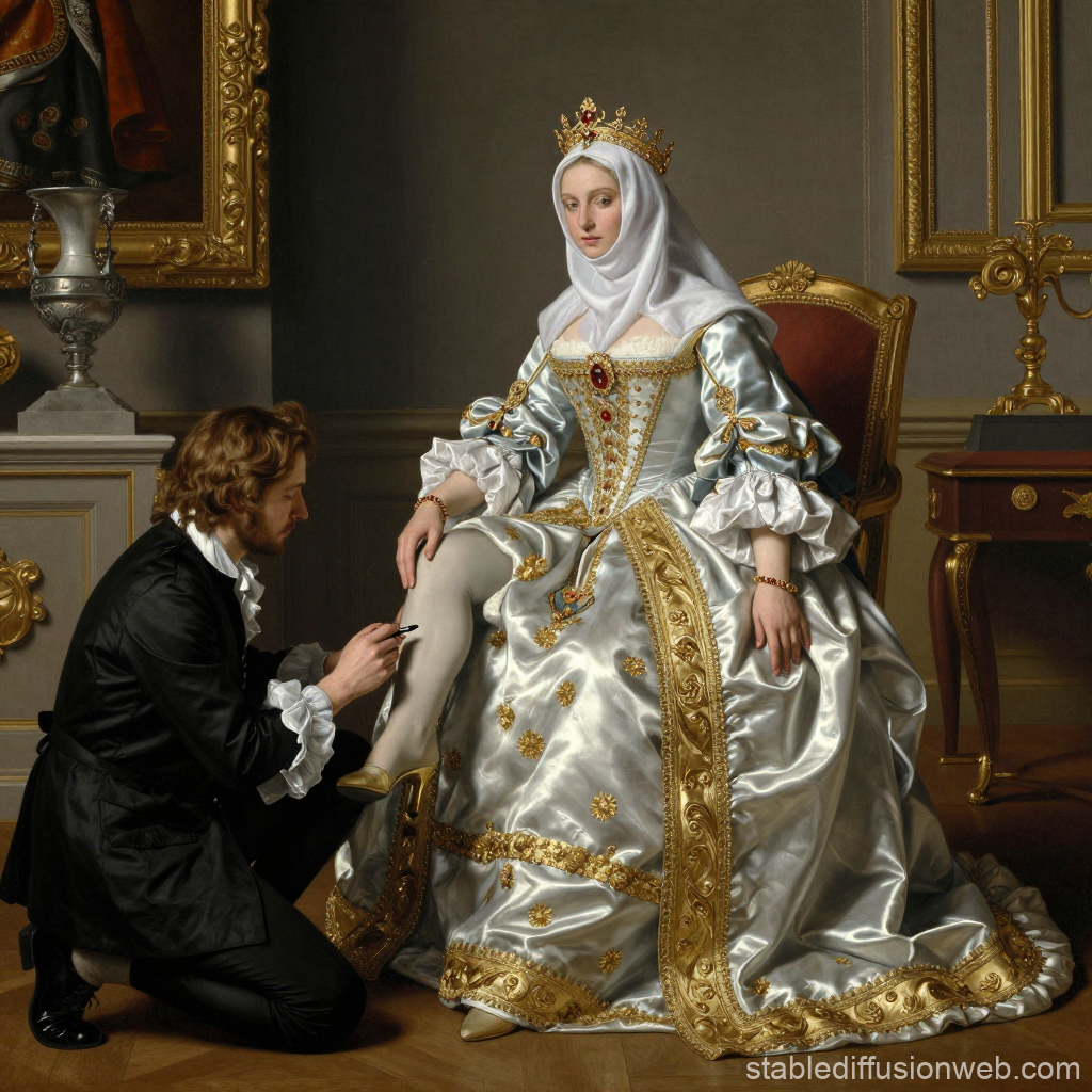Elegant Countess in Ornate Satin Gown with Crown