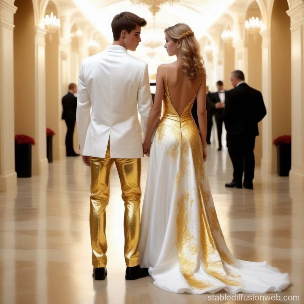 Elegant Couple in Gold and White Formal Attire at Luxurious Venue