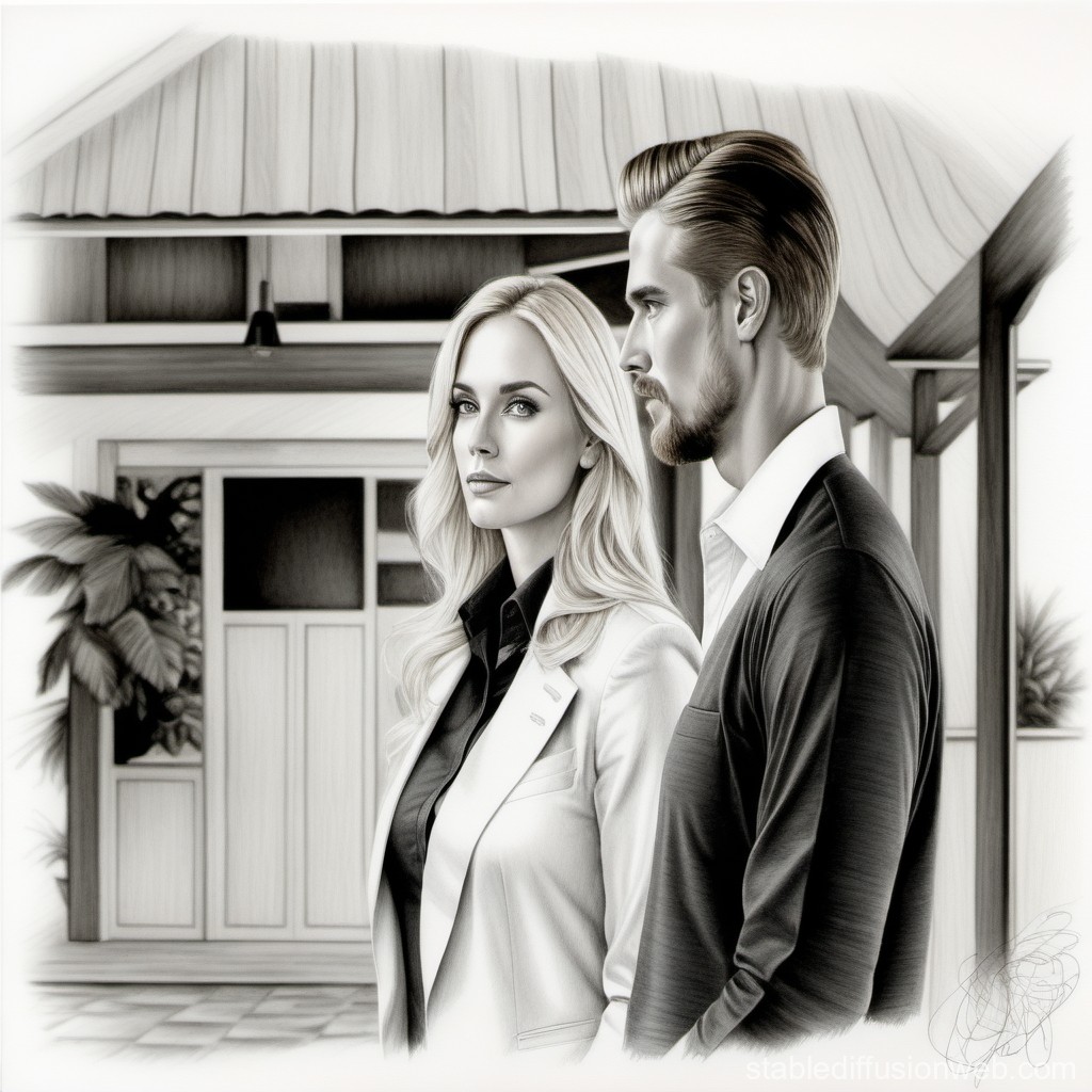 Elegant Couple Standing Outside Modern House