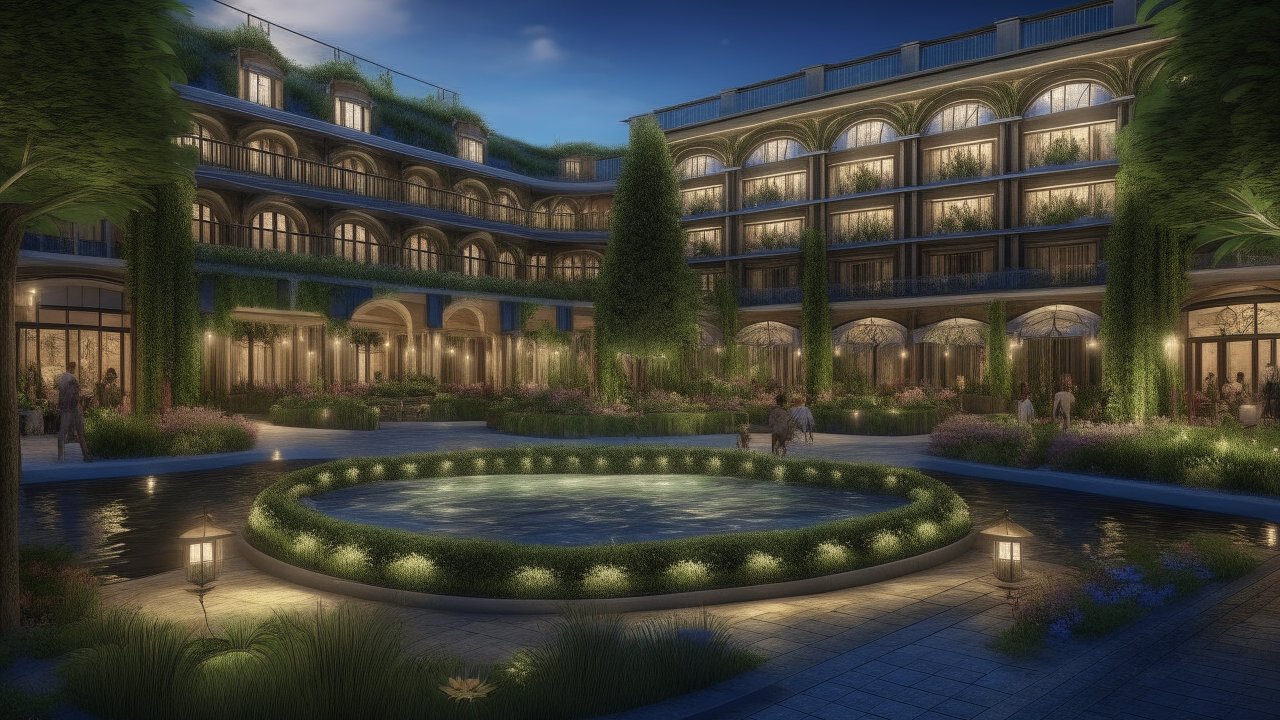 Elegant Courtyard of a Modern Hotel at Dusk