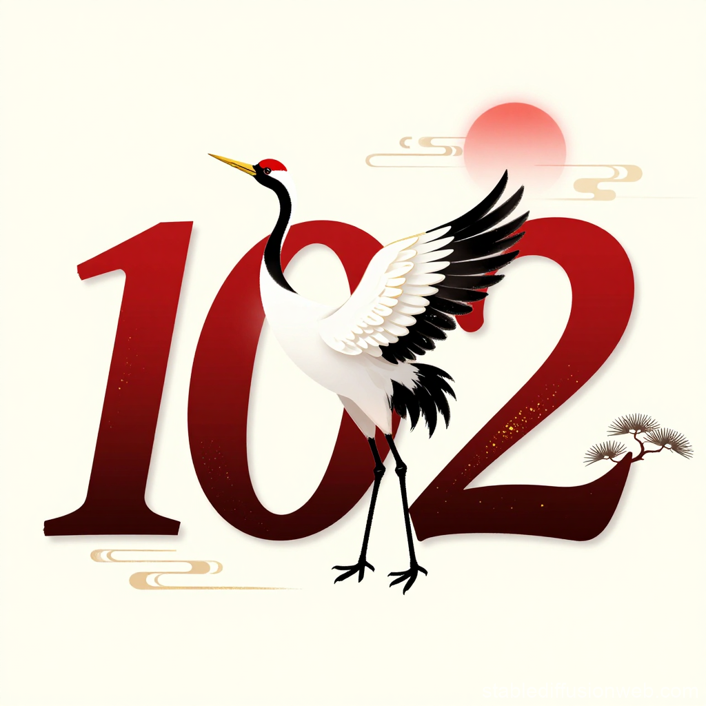 Elegant Crane with 102 Number and Red Sun