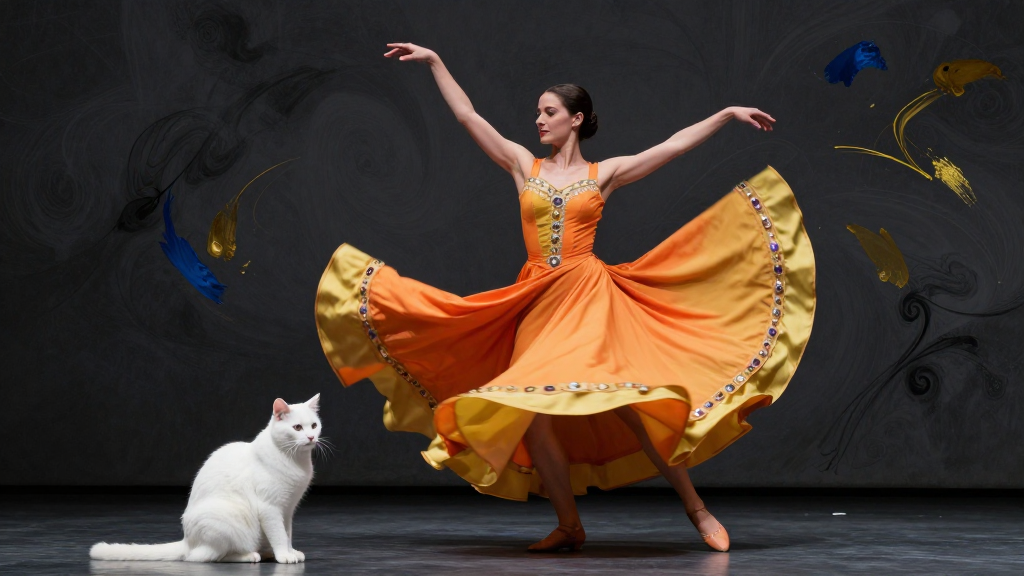 Elegant Dancer in Flowing Orange Dress with White Cat
