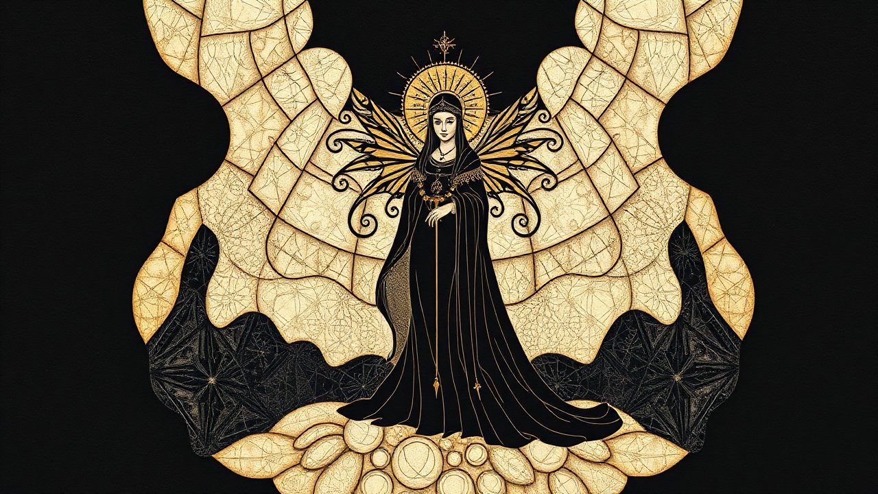 Elegant Dark Angel with Golden Halo and Wings
