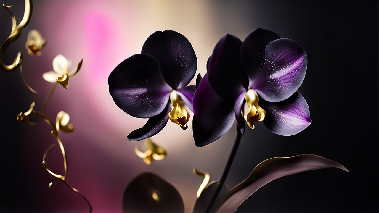 Elegant Dark Purple Orchids with Golden Accents