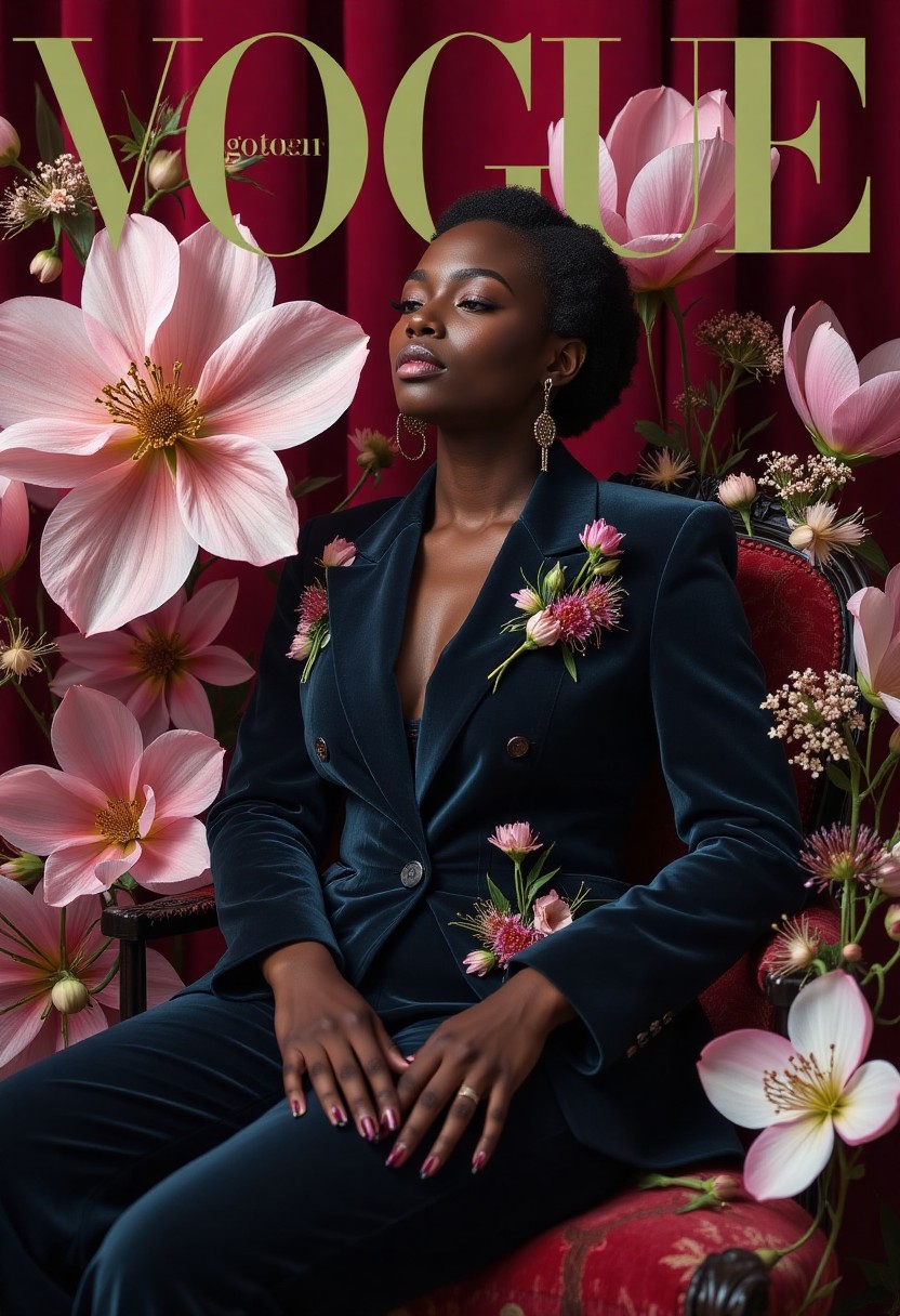 Elegant Dark-Skinned Model in Floral Embellished Suit on Vogue Cover