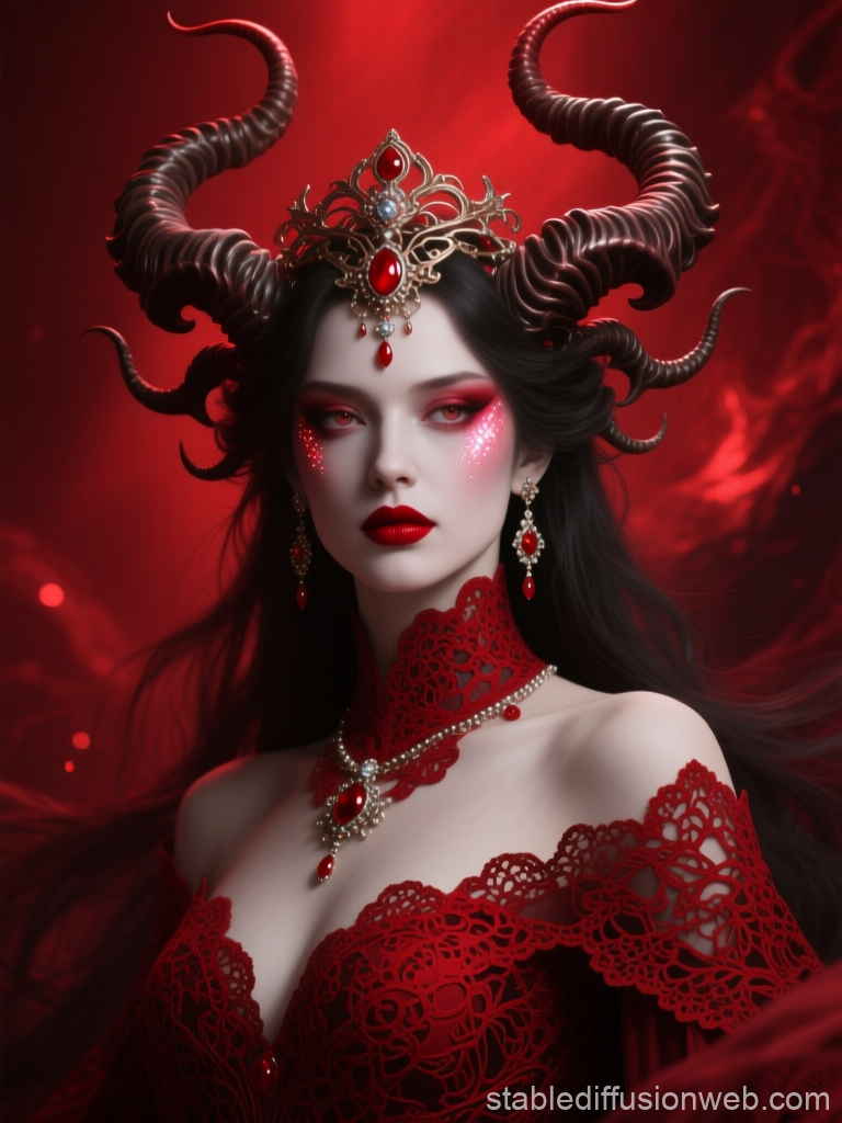 Elegant Dark Sorceress with Ornate Horns and Red Jewels