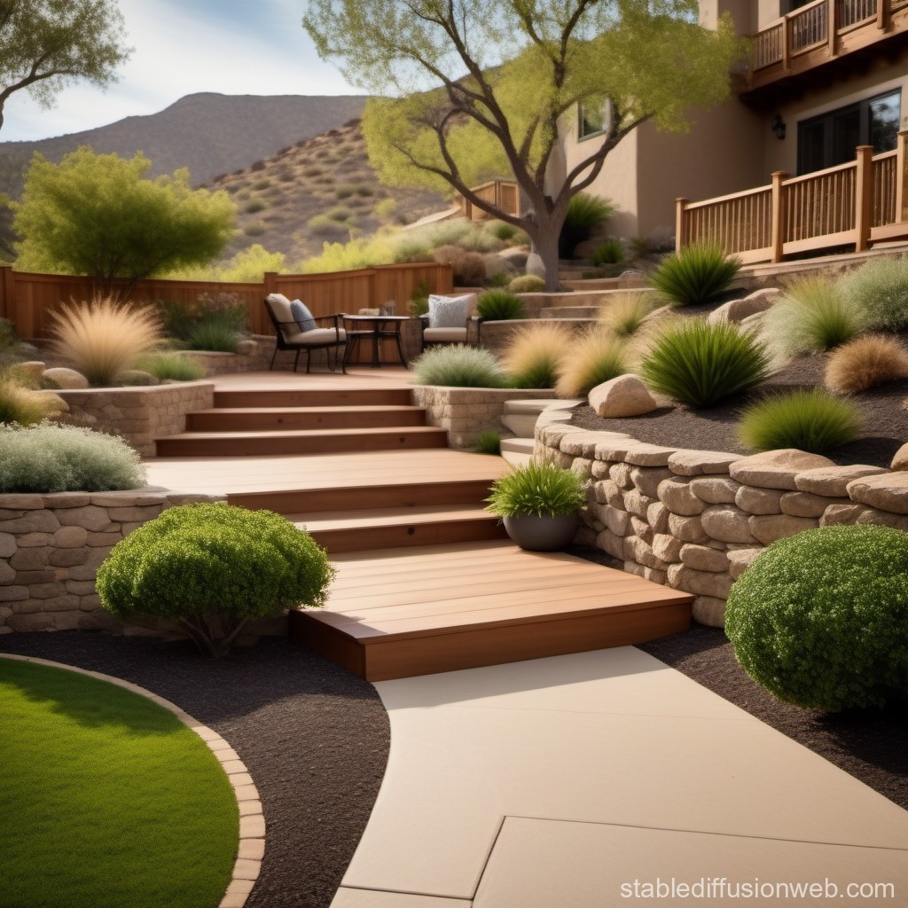 Elegant Desert Garden Patio with Stone Walls and Wooden Deck