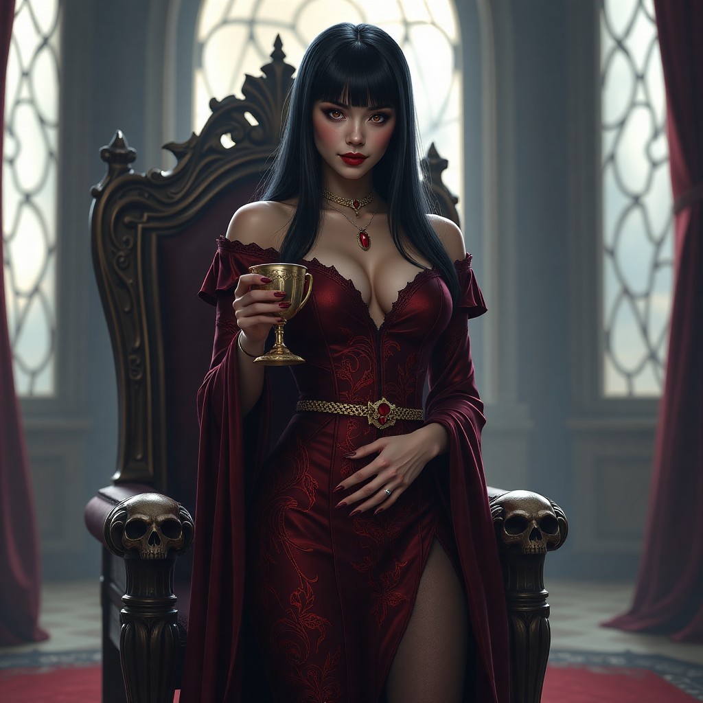 Elegant Elder Vampire Woman in Gothic Throne Room