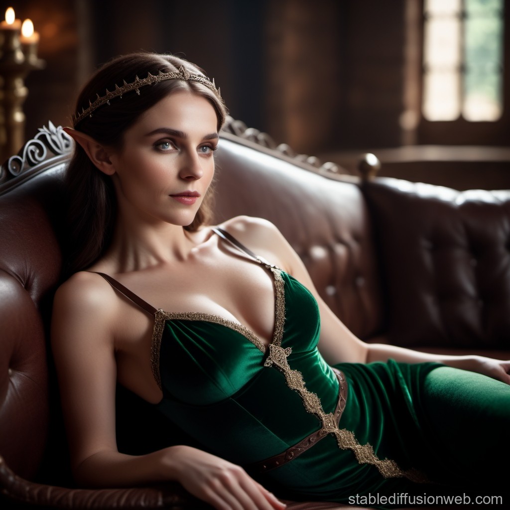 Elegant Elf Woman in Green Velvet Dress Reclining on Leather Sofa