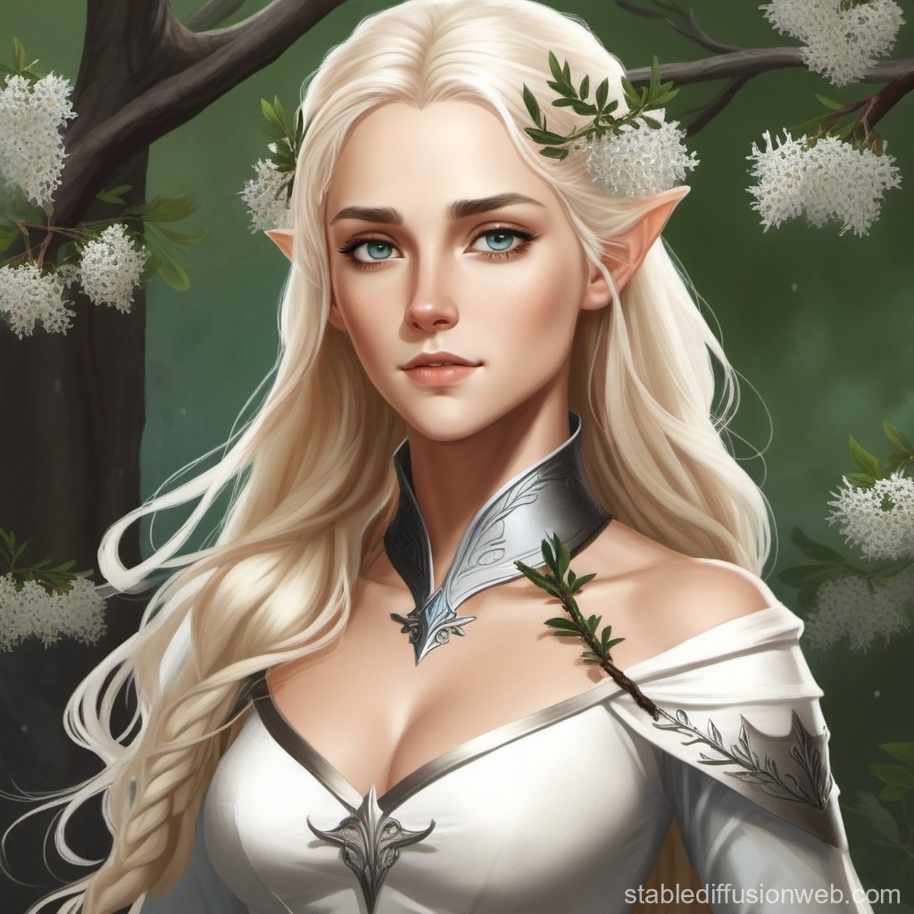 Elegant Elven Woman in White Armor with Blossoming Branch