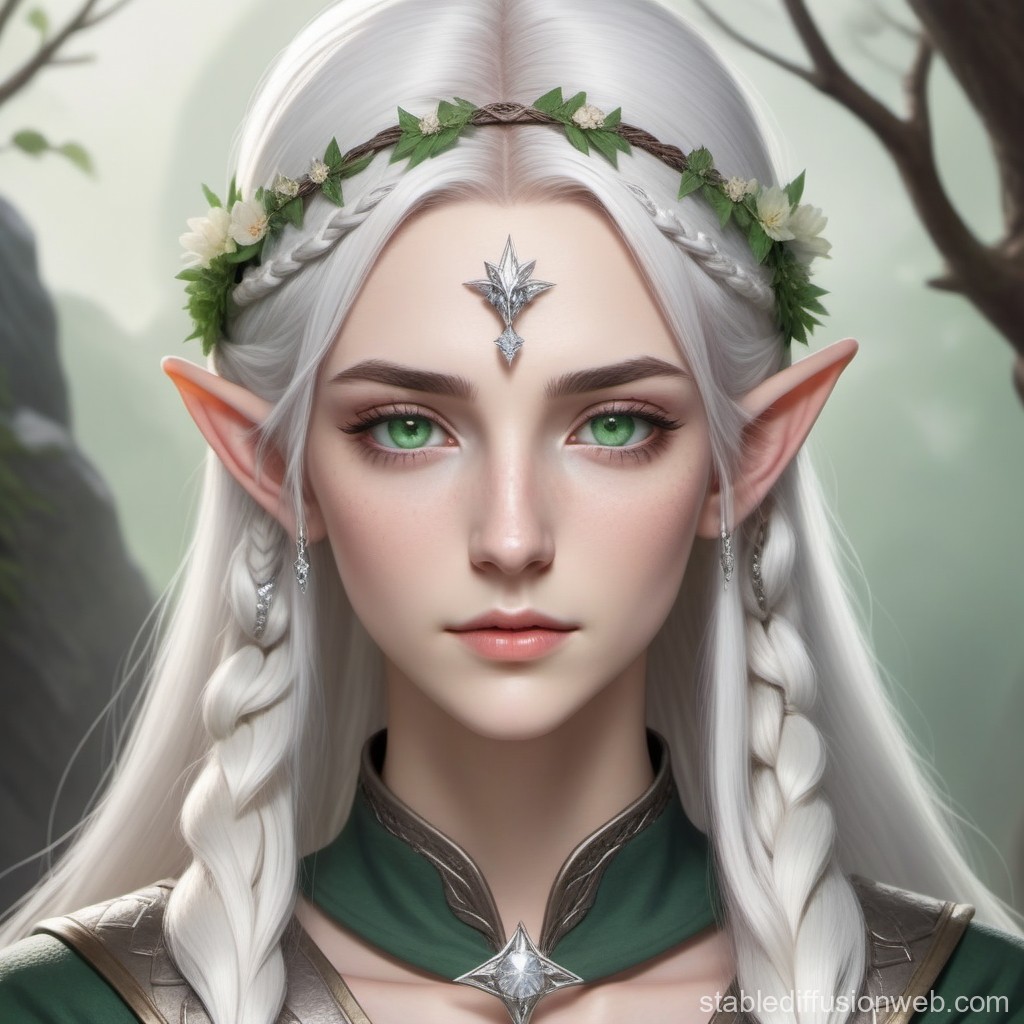 Elegant Elven Woman with White Hair and Green Eyes