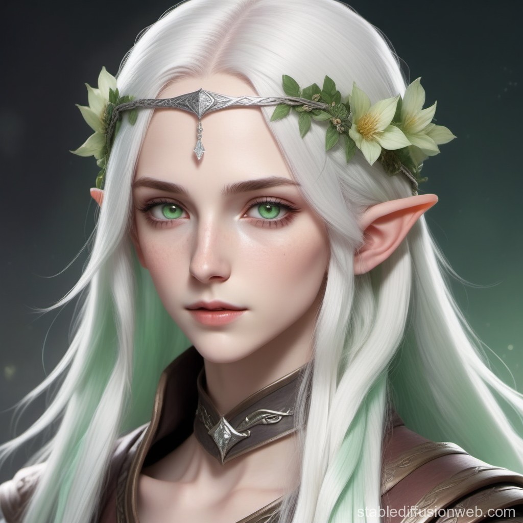 Elegant Elven Woman with White Hair and Green Eyes