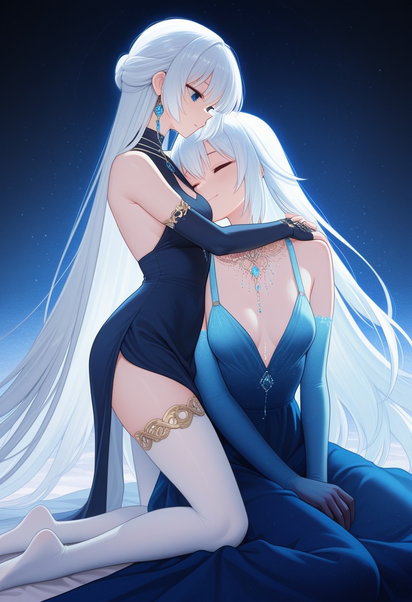 Elegant Embrace of Two White-Haired Women in Blue Dresses