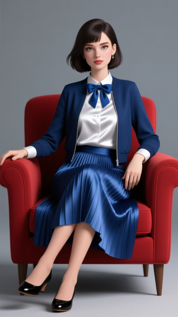 Elegant European Woman in Blue Sitting on Red Armchair