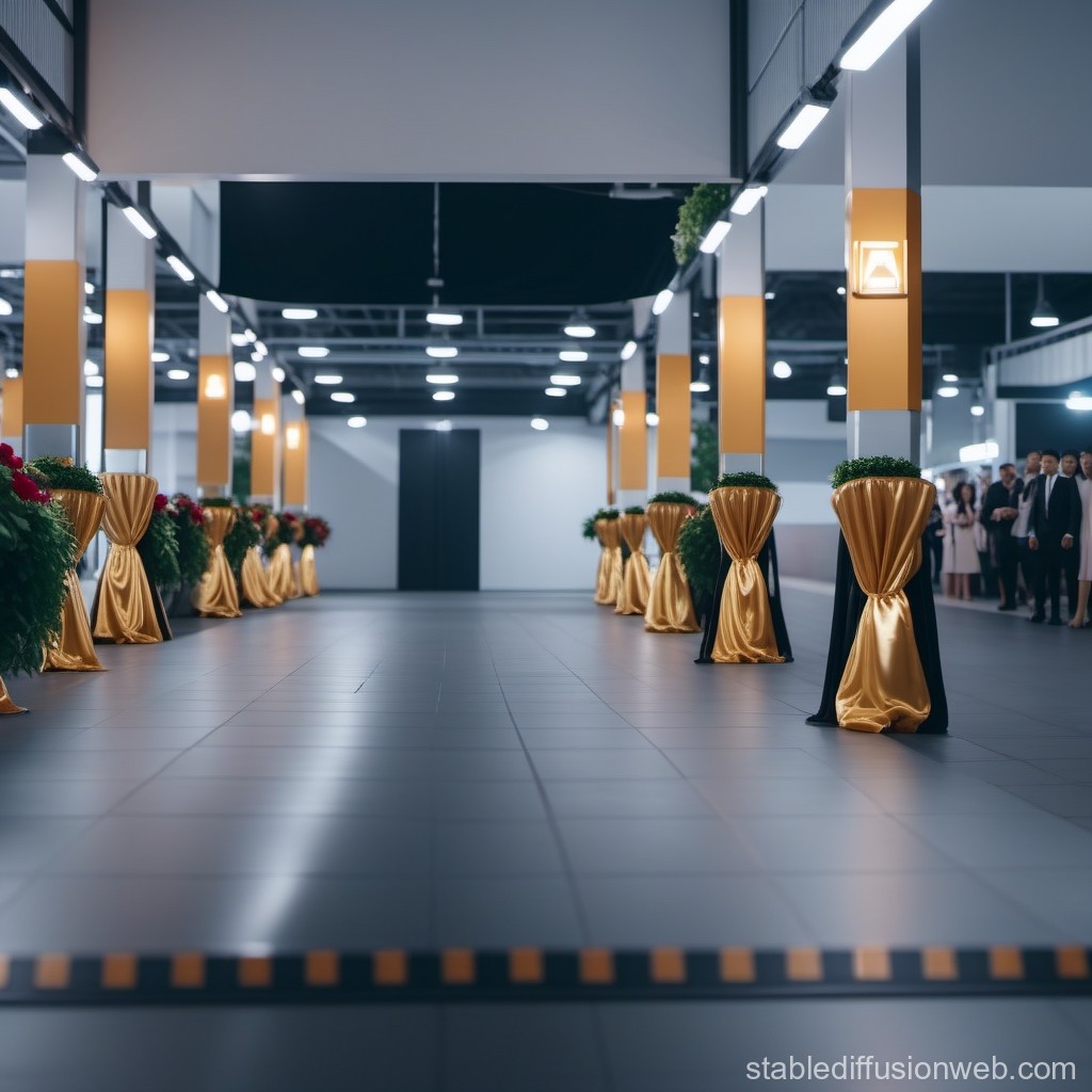 Elegant Event Hall with Gold Draped Columns and Greenery
