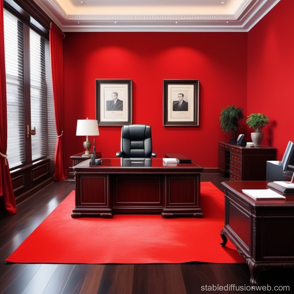 Elegant Executive Office with Red Walls and Classic Wood Furniture