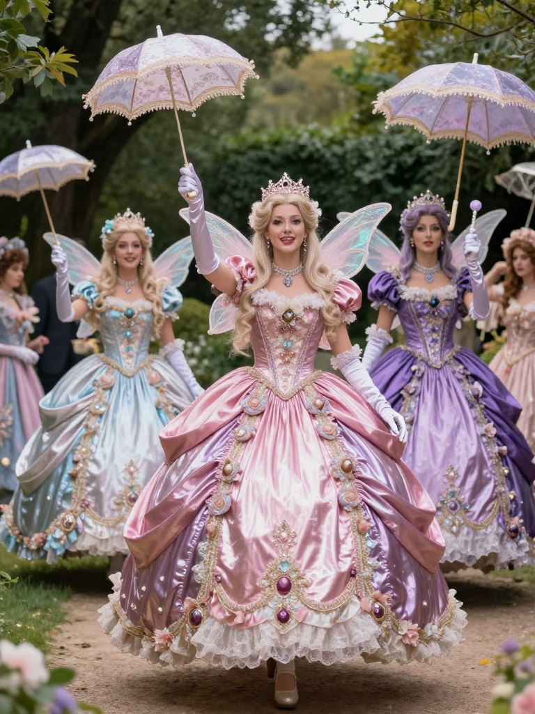 Elegant Fairy Tale Princesses in Ornate Gowns with Parasols