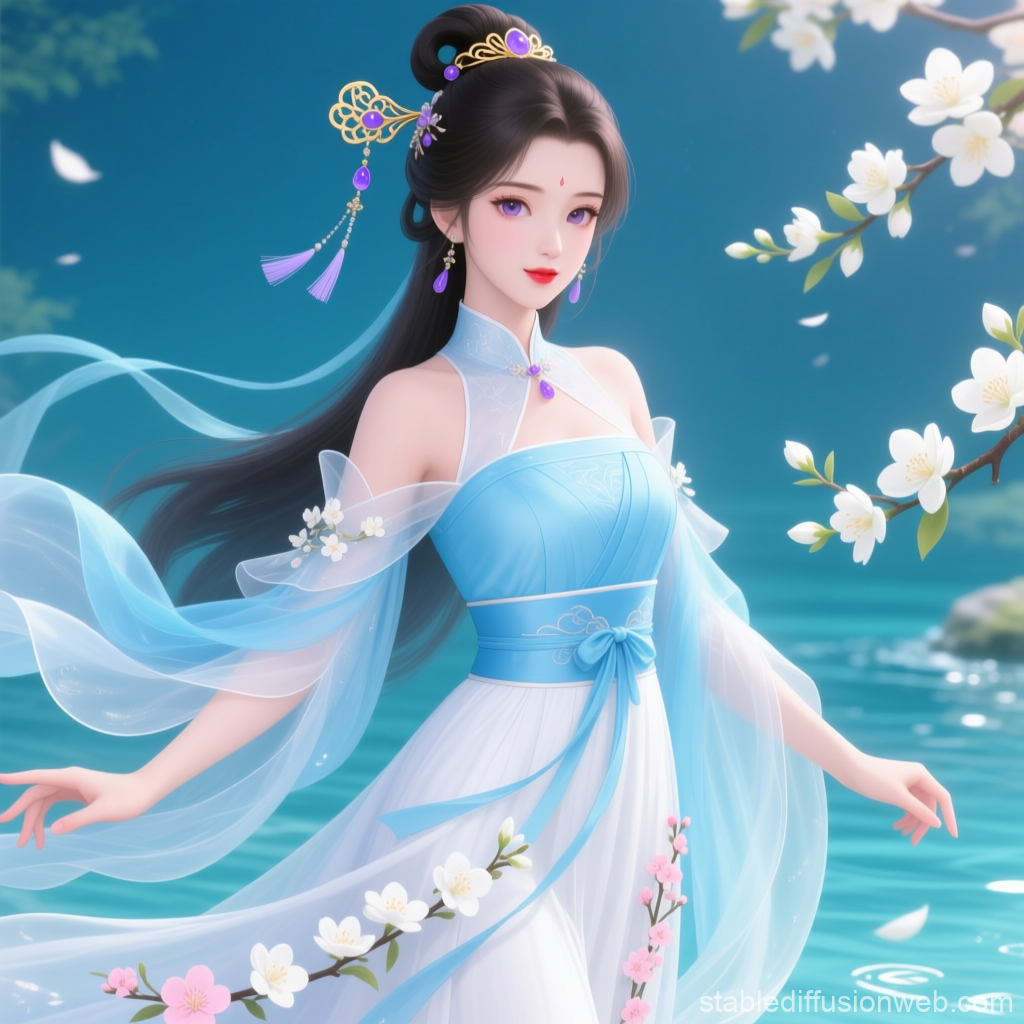 Elegant Fantasy Woman in Flowing Blue Dress by Spring Water