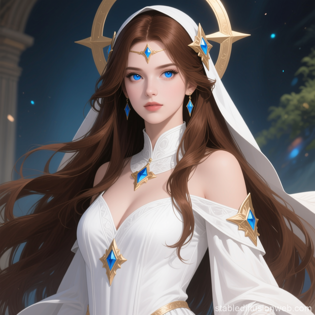 Elegant Female Cleric with Blue Gem Adornments