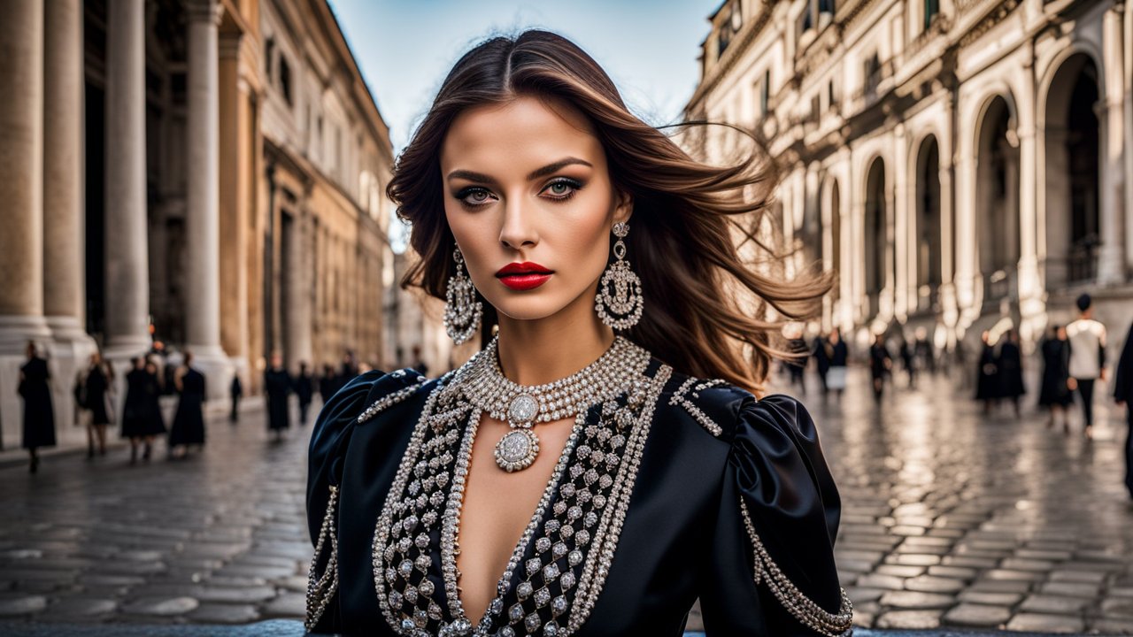 Elegant Female Model in Ornate Fashion Jewelry on Historic Street