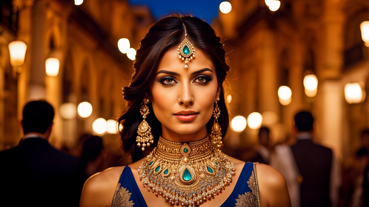 Elegant Female Model in Traditional Jewelry at Night