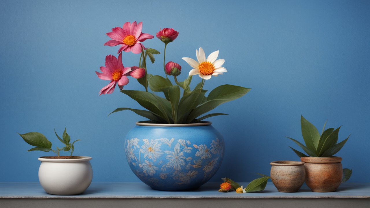 Elegant Floral Arrangement in Decorative Pots on Blue Background