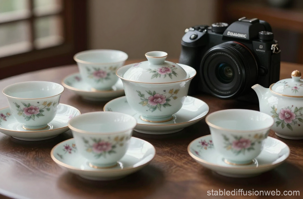 Elegant Floral Porcelain Tea Set with Camera on Wooden Table