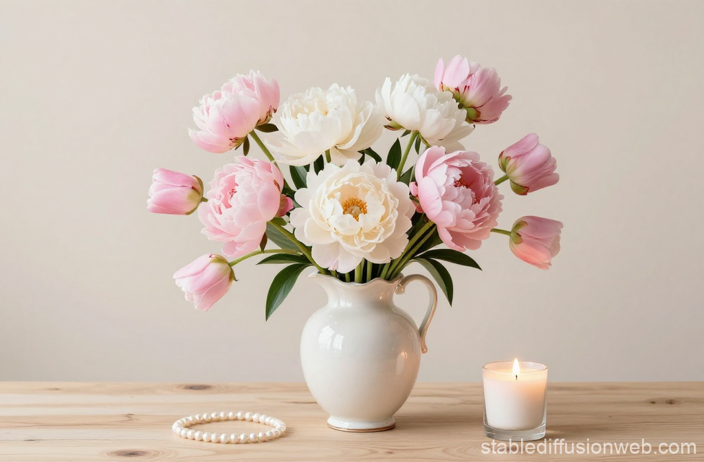 Elegant Floral Still Life with Candle and Pearls