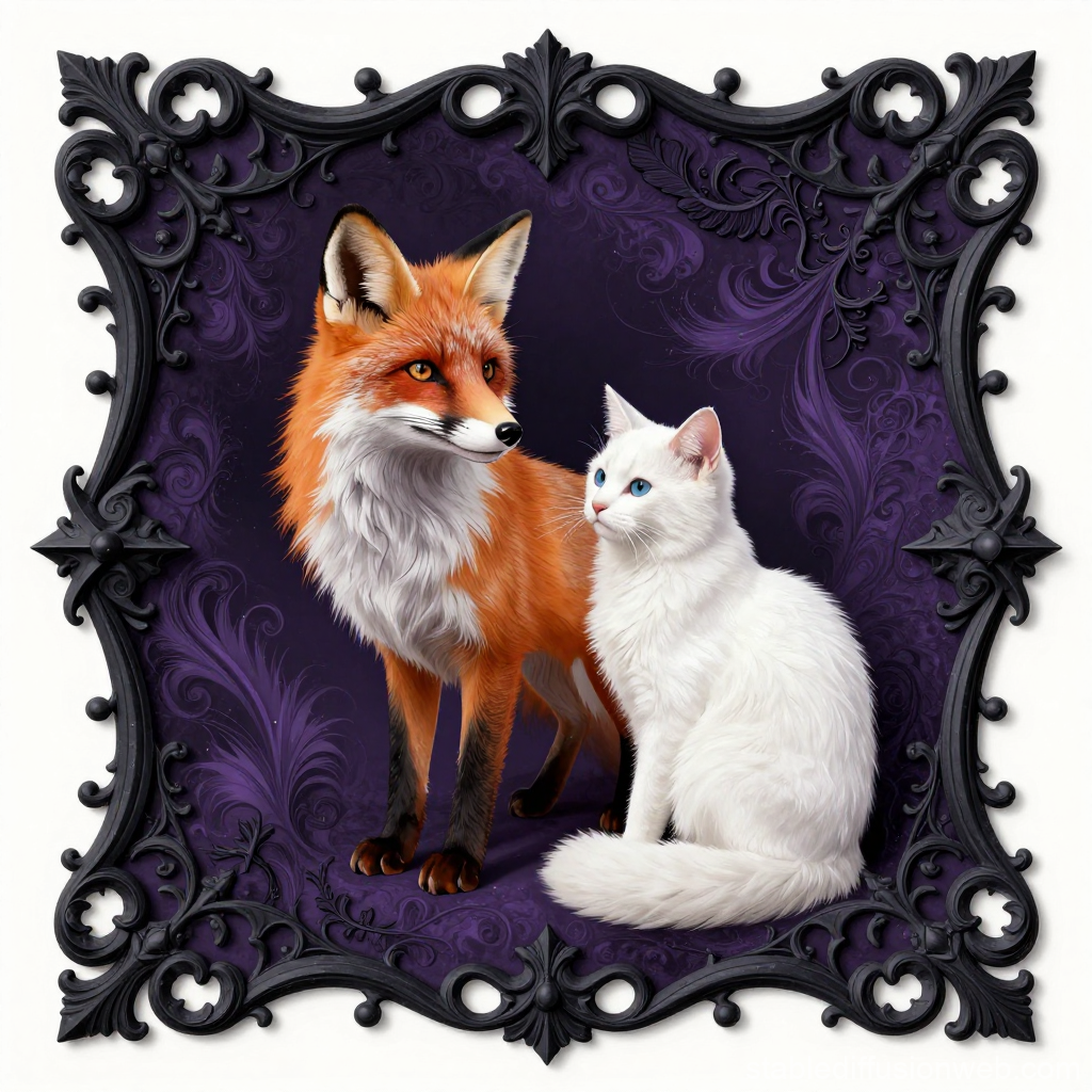 Elegant Fox and White Cat in Ornate Frame