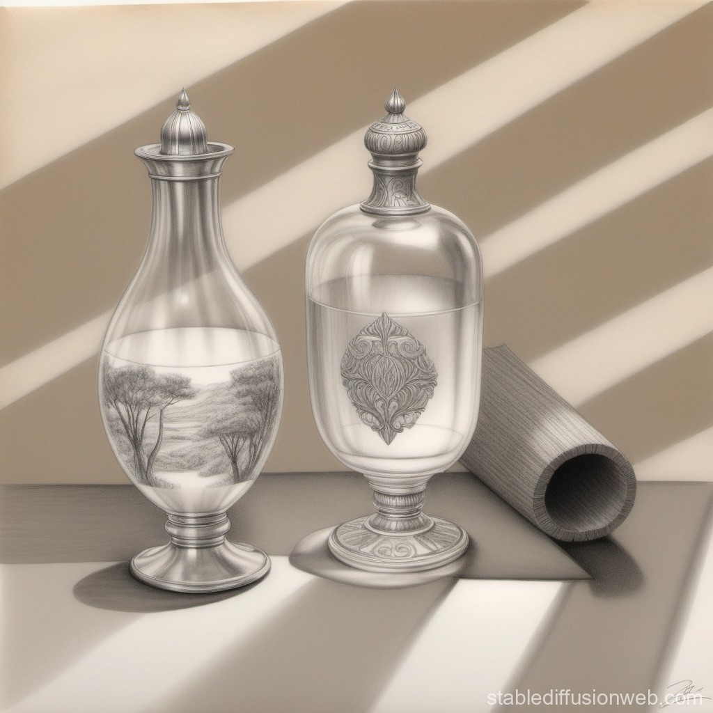 Elegant Glass Bottles with Intricate Designs and Landscape Reflection