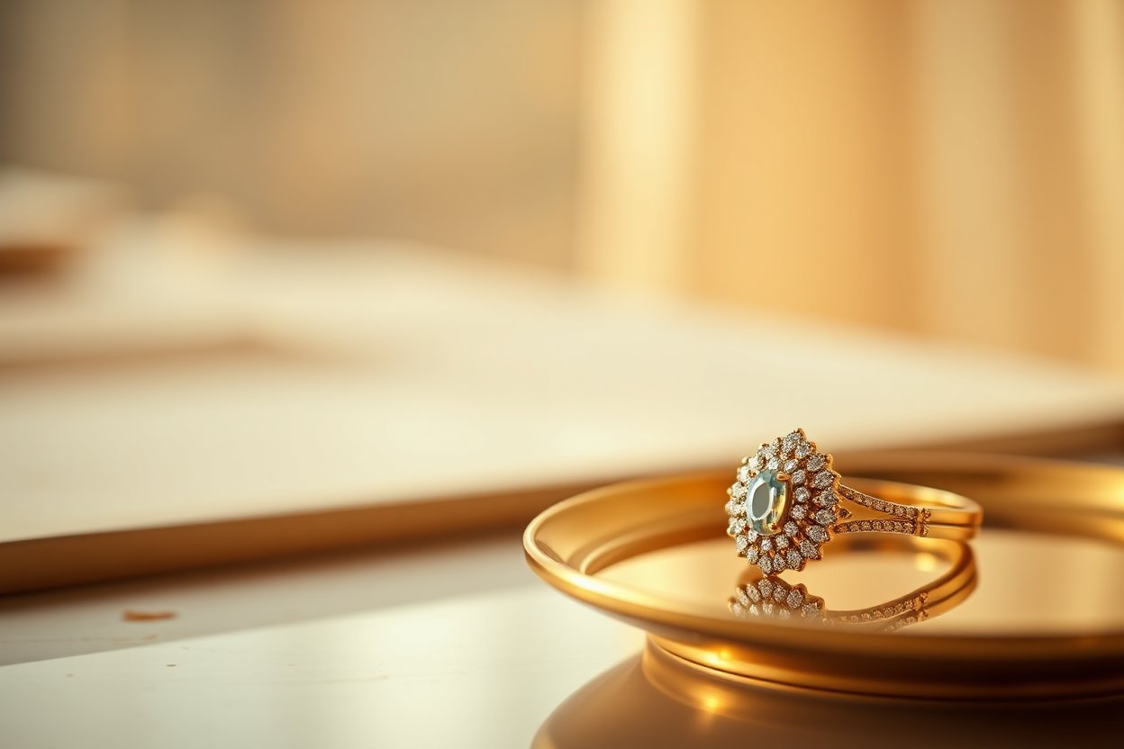Elegant Gold and Diamond Ring on Reflective Tray