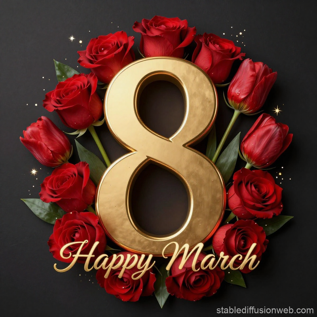 Elegant Golden 8 with Red Roses for March 8 Greeting