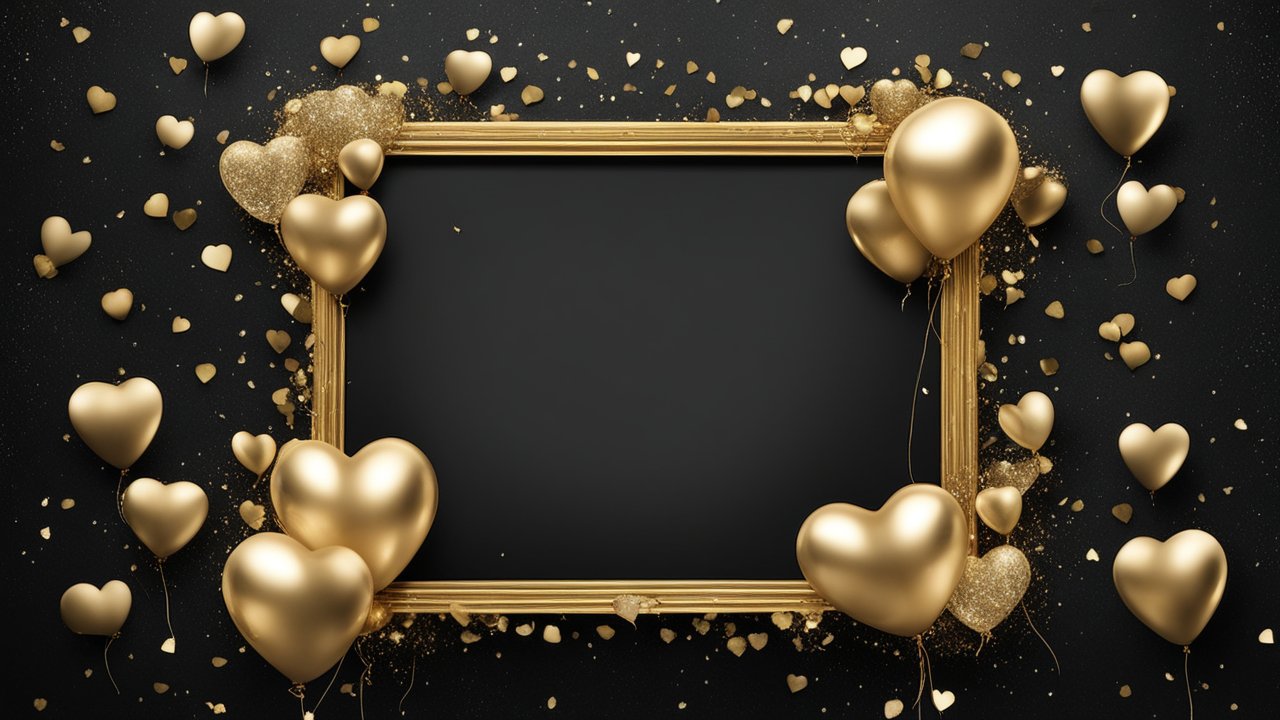 Elegant Golden Heart Balloons with Ornate Frame on Black