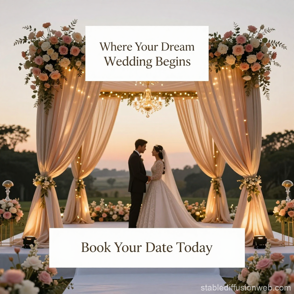 Elegant Golden Hour Wedding Mandap with Romantic Couple