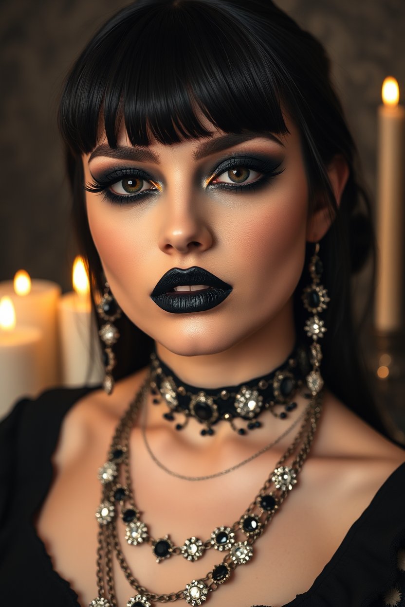 Elegant Gothic Fashion Portrait with Dark Makeup and Jewelry